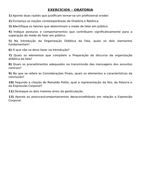 Exercícios De Oratória Pdf - Exercícios Práticos de Oratória | PDF