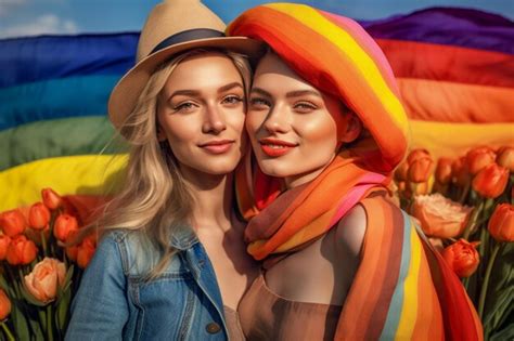 Una Hermosa Pareja Lesbiana Gay Feliz Con Los Colores Del Arco Iris En