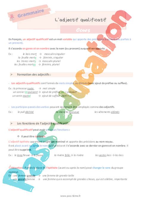 Ladjectif Qualificatif Cours De Grammaire Pour La 6ème Pdf à Imprimer