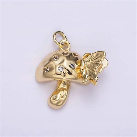 Dainty Mushroom Pendant 14K Gold Filled Shroomie With Butterfly Charm