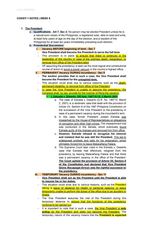 Constitutional Law 1 Notes - CONSTI 1 NOTES | WEEK 8 The President a