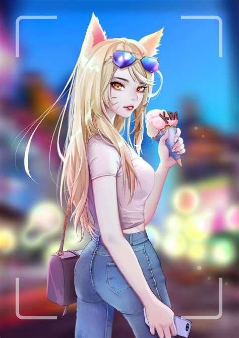 Fox Girl Kda Ahri With Ice Cream And Smartphone Artist Nine M