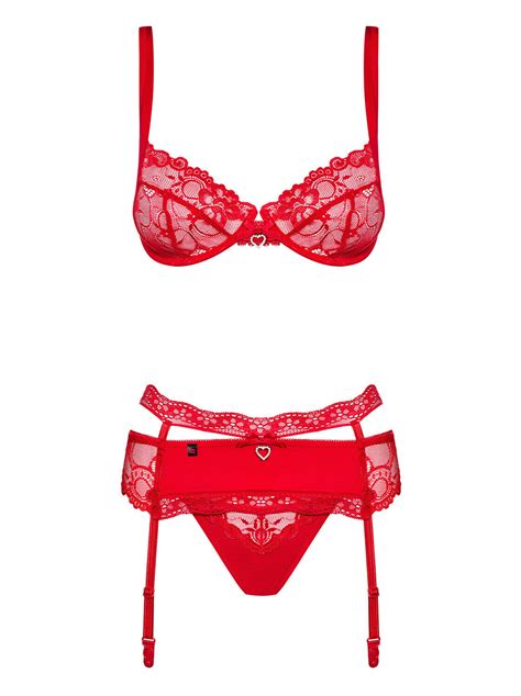 Sexy BH Set Strapsgürtel Rot Spitze Strapse String Lingerie Dessous S