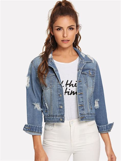 Veste En Jean Délavé Lacéré Single Breasted Jacket Women Jean Délavé Ripped Denim Demin