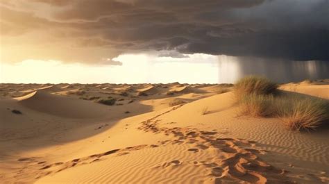 Premium Ai Image A Stormy Sky With A Sand Dune And A Few Footprints