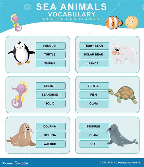 English Vocabulary About Sea Animals Worksheet For Kids Stock Vector