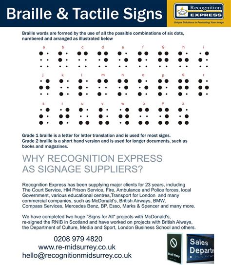 an advertisement for braille & tactile signs, which is also available ...