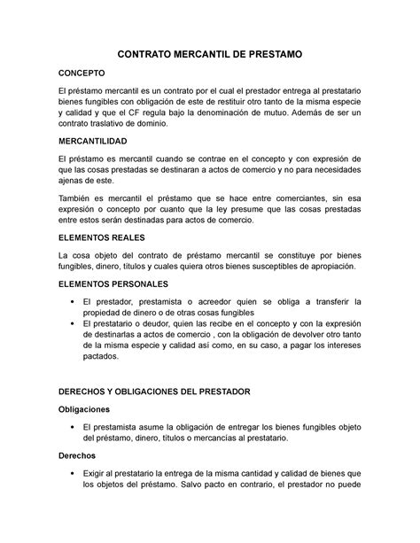 Contrato Mercantil De Prestamo Contrato Mercantil De Prestamo Concepto El Mercantil Es Un