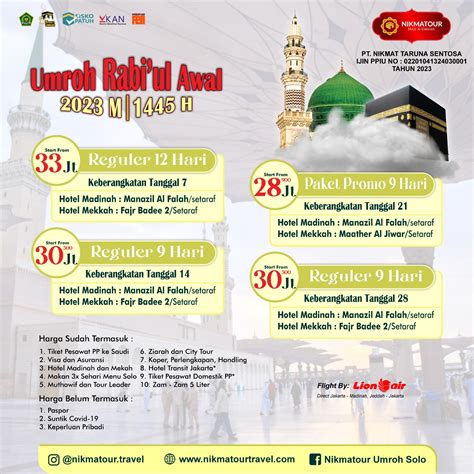 Paket Umroh Rabiul Awal 1445 H Regular 9 Hari Keberangkatan 14 Oktober