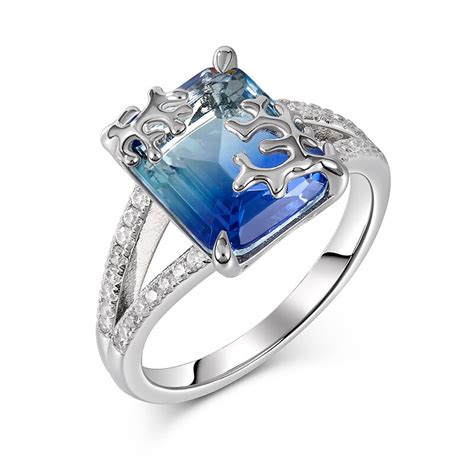 Anillo Azul De Plata De Ley Con Corte De Esmeralda Inspirado En Coral