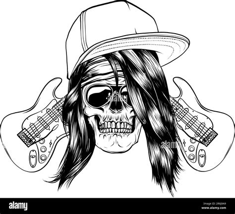 Skull With Hat And Trendy Hairstyle And Crossed Electric Guitars In Vintage Monochrome Style