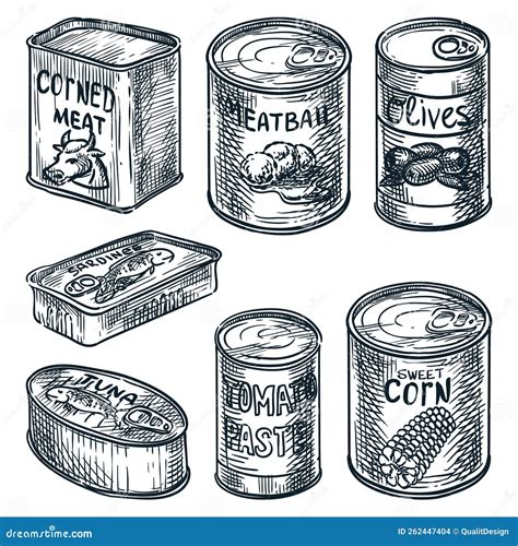 Canned Food Set Food In Tins Hand Drawn Vector Sketch Illustration