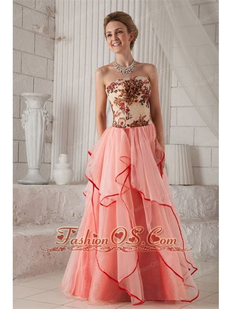 Watermelon Column Sheath Strapless Floor Length Organza Appliques