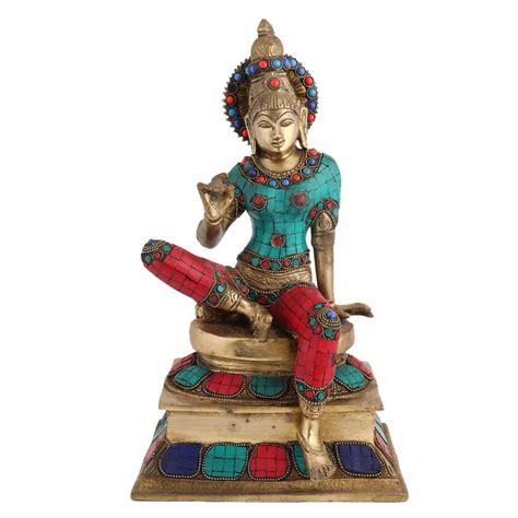 Brass Indian Goddess Statue With Multi Color Stones Inlay Work