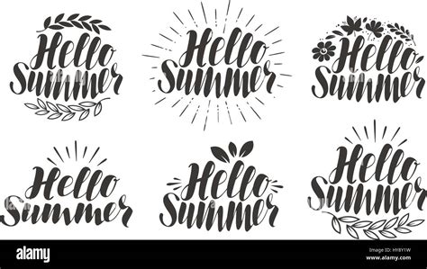 Hello Summer Lettering Label Set Calligraphy Vector Illustration