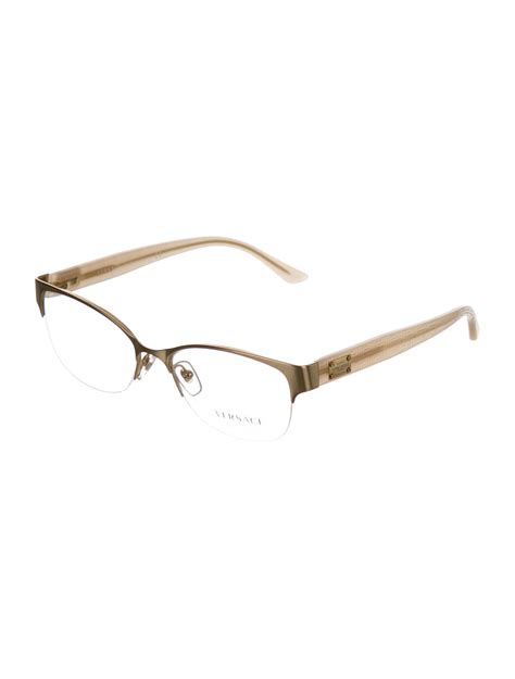 Gold Tone Metal Versace Square Eyeglasses With Clear Lenses And Logos At Arms Eyeglasses