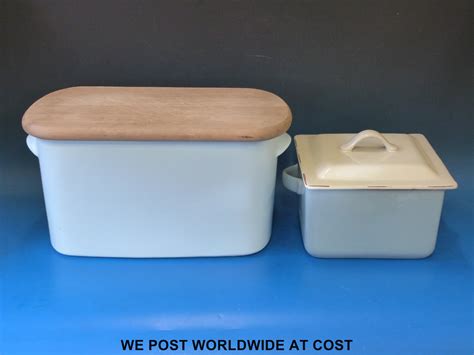 A Large Ceramic Bread Bin With Wooden Lid 44cm Long And A Square