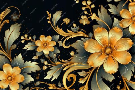 Premium Photo | A black and gold floral wallpaper with gold flowers.