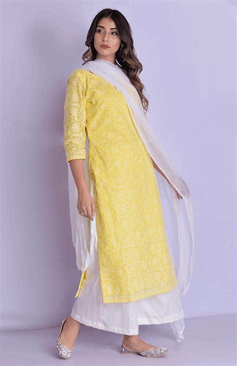 Rangpur Yellow Chikankari Kurta With Palazzo Pant Dupatta Set Simple