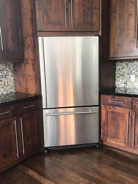 Heartwarming Kitchen Design With Fridge In Corner Unfinished Butcher