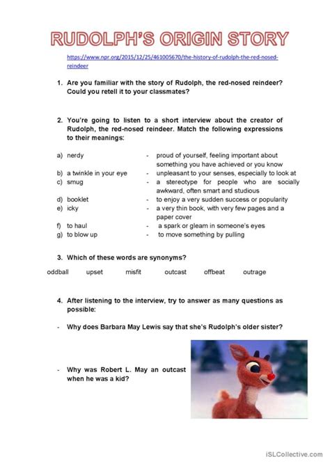 Rudolph S Origin Story Audi English Esl Worksheets Pdf Doc