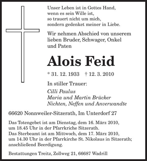 Traueranzeigen Von Alois Feid Saarbruecker Zeitung Trauer De