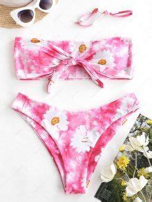ZAFUL Daisy Print Tie Dye Bandeau Bikini Swimsuit In HOT PINK ZAFUL 2026