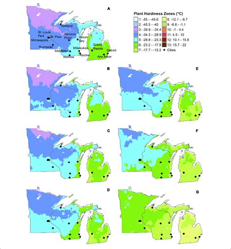 | USDA Hardiness Zones under (A) current climate (1980-2009) and future ...