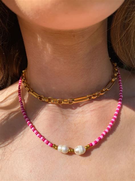 Pink Beaded Necklace With Freshwater Pearls Seed Bead Choker Handmade Jewellery Pearl Necklace