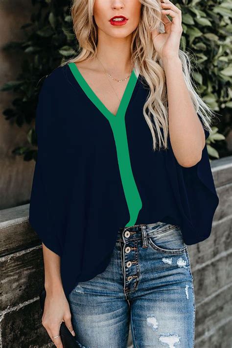 Blue Fashion Contrast Color V Neck Blouse Fashion Street Style