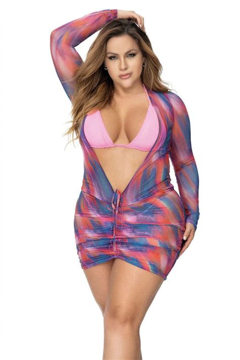 2024 Sexy Plus Size Long Sleeve Mesh Plunge Beach Bikini Cover Up