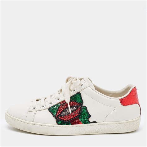 Gucci White Leather Embellished Lip Ace Sneakers Size 36 Gucci The