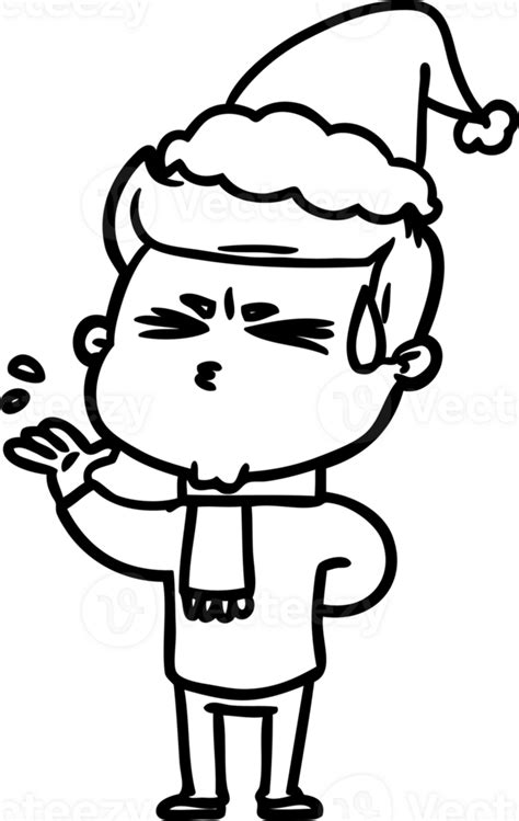 Hand Drawn Line Drawing Of A Man Sweating Wearing Santa Hat Icon