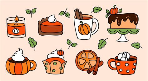 Set Of Seasonal Pumpkin Spices Pie Latte Food And Drink Hand Drawn