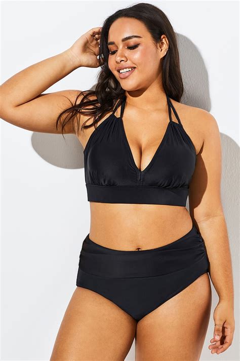 Fashionable Black V Neck Halter Bikini Set Meet Curve