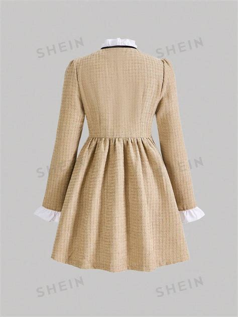 Shein Mod Frill Trim Tie Neck Flounce Sleeve Tweed Dress Shein Uk