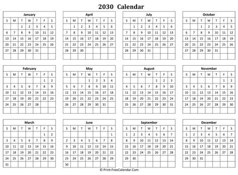 Calendar Yearly 2030 (Landscape Layout)