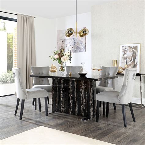 Magnus Black Marble Dining Table with 6 Kensington Grey Velvet Chairs ...