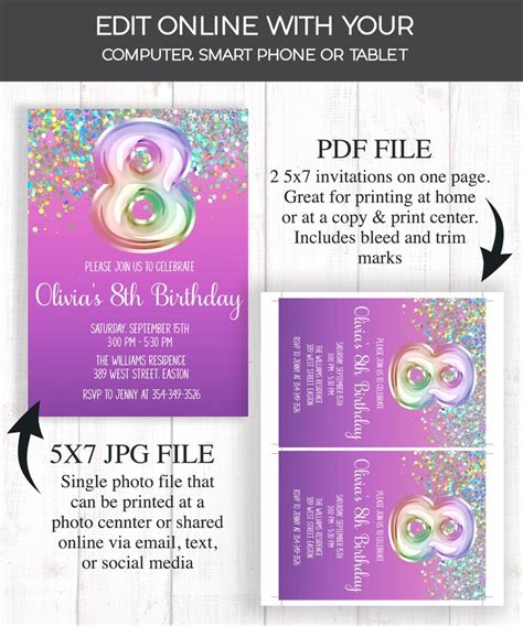 8th Birthday Invitation Holographic Rainbow Pink Purple Etsy