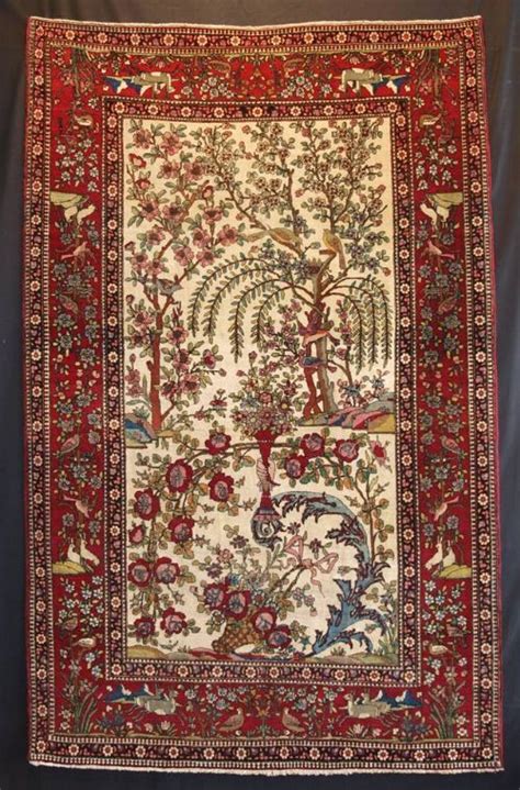 Antique Persian Isfahan Rug Paradise Garden Design Birds Animals