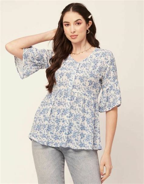 Buy Moomaya Women Printed Summer Tunic Top V Neck Button Down Flutter