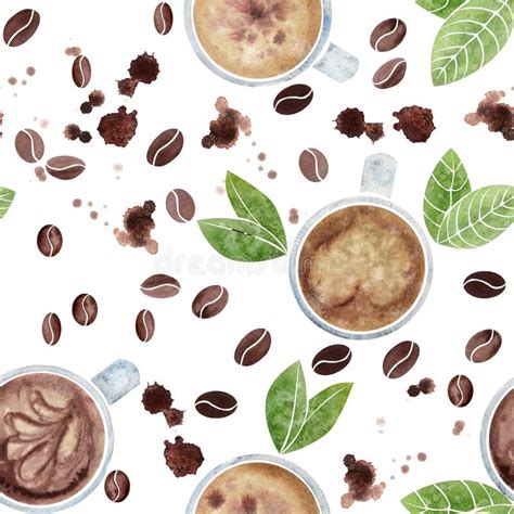 Watercolor Hand Drawn Seamless Pattern With Coffee Cups Beans Leaves