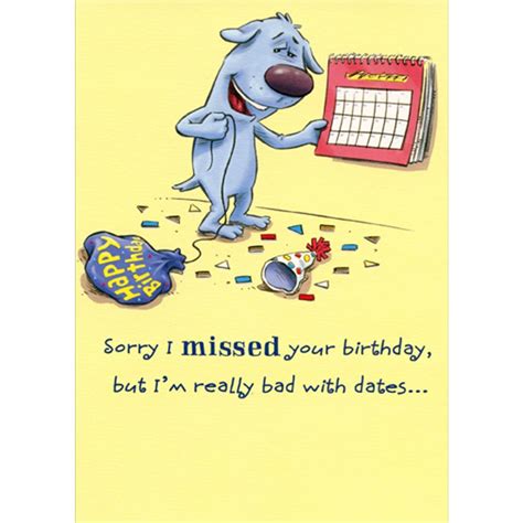 Purple Dog and Calendar : Bad with Dates Funny / Humorous Belated Birthday Card | PaperCards.com