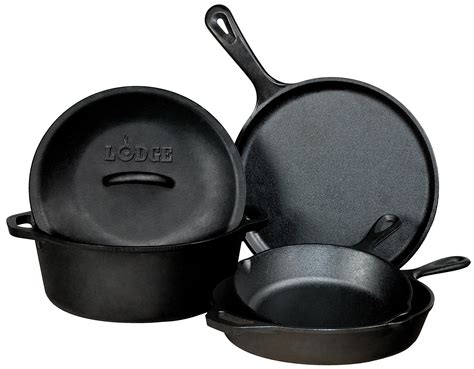 Lodge Seasoned Cast Iron 5 Piece Bundle. 10.5" Griddle, 8" Skillet, 10.25" Skillet, 10.25" Dutch ...