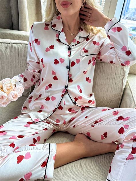 Heart Print Contrast Piping Satin Pj Set Shein Usa