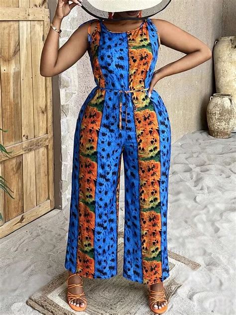 Shein Sxy Plus Allover Print Belted Wide Leg Jumpsuit Shein Usa