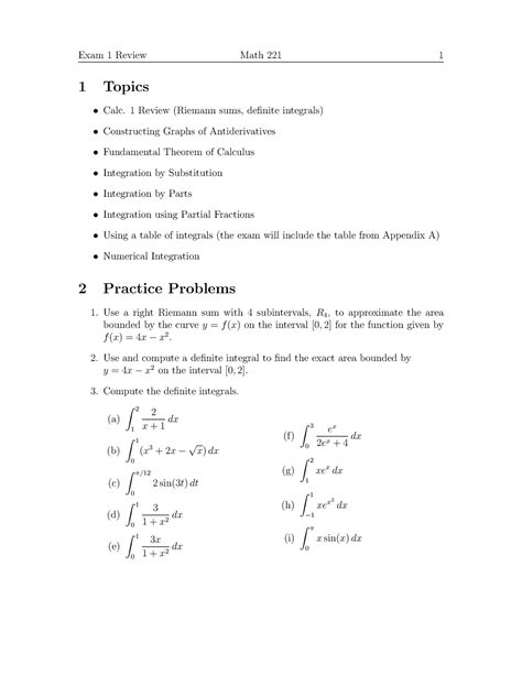 Calc Ii Exam 1 Review Exam 1 Review Math 221 1 1 Topics Calc 1