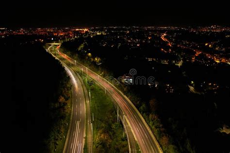 Top Down View To Road. Romantic Night Aerial Photo of Cars Traveling. the Light on the Road at ...