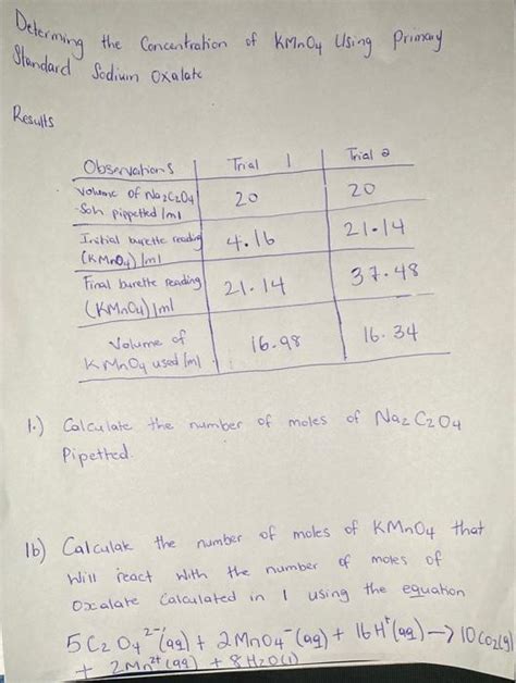 Solved Determing The Concentration Of Kmno Using Primany Chegg