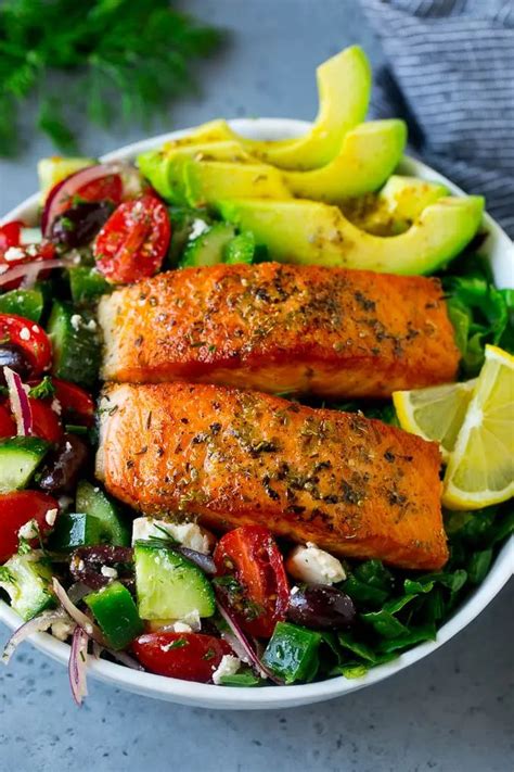 Salmon Salad Made With Seared Salmon Fillets Vegetables Avocado